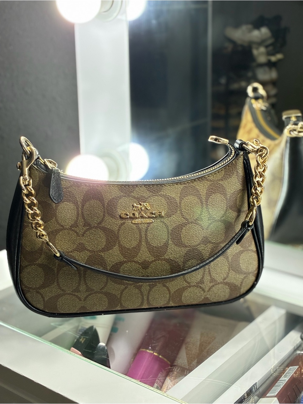Coach Brown Signature Jacquard Shoulder Bag with Gold Chain